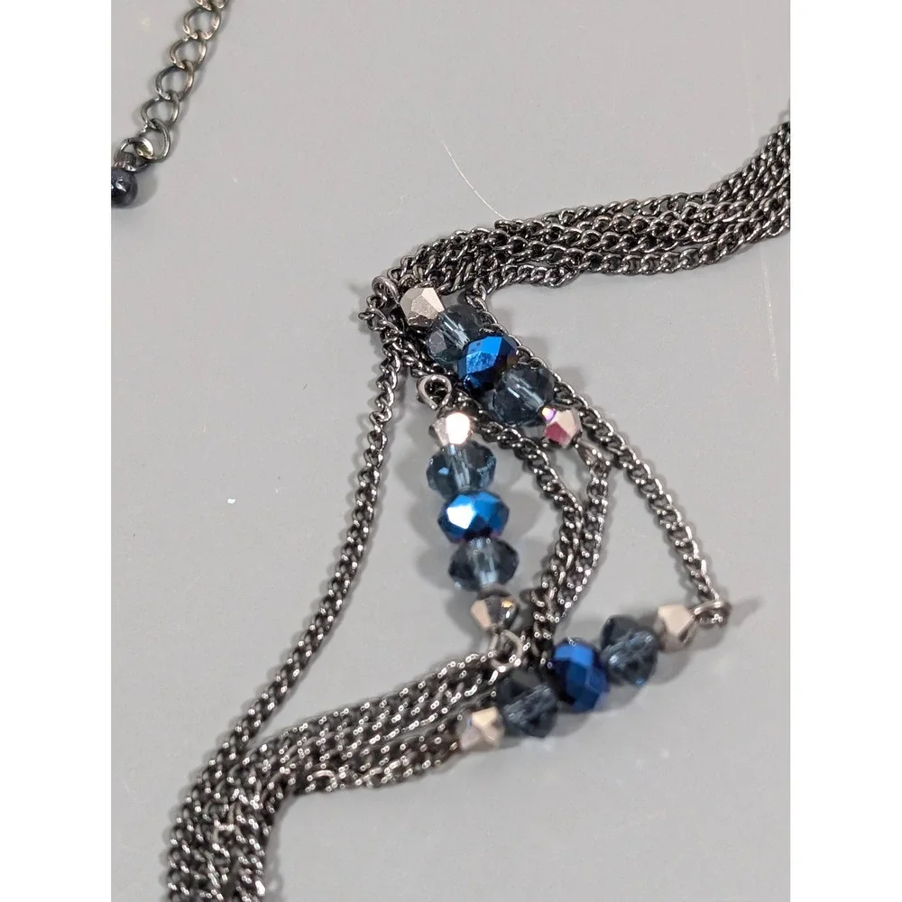 Gunmetal Multi Strand Layered Necklace Peacock Blue & Black Glass‎ Beads 33